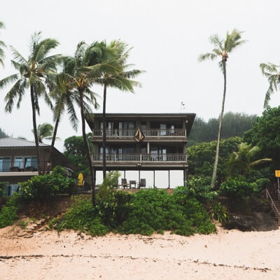 beach house with tall palm trees surrounding it